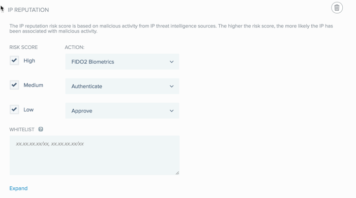 A screen capture of the IP Reputation rule wizard displaying the Risk Score groups of High, Medium, and Low and their Action lists.