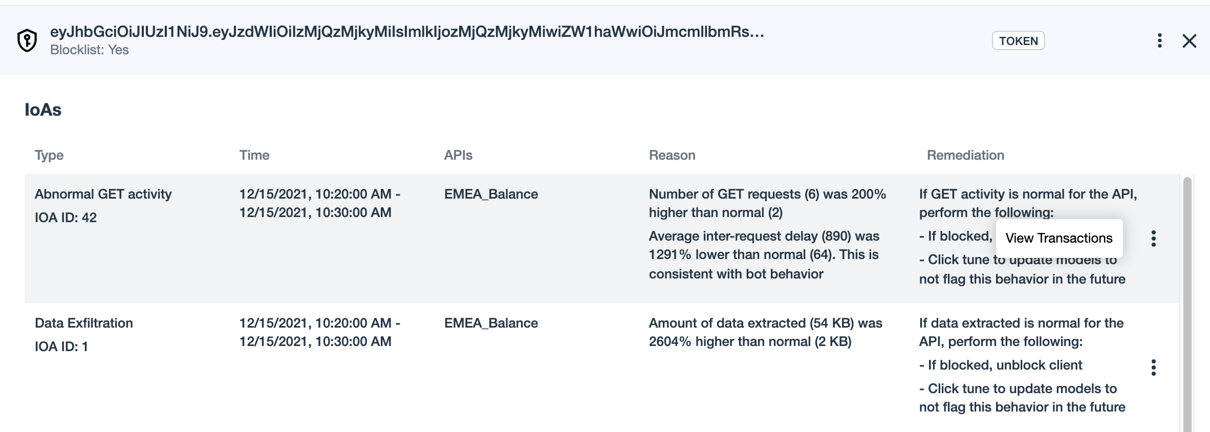 PingIntelligence IoAs dashboard attack list