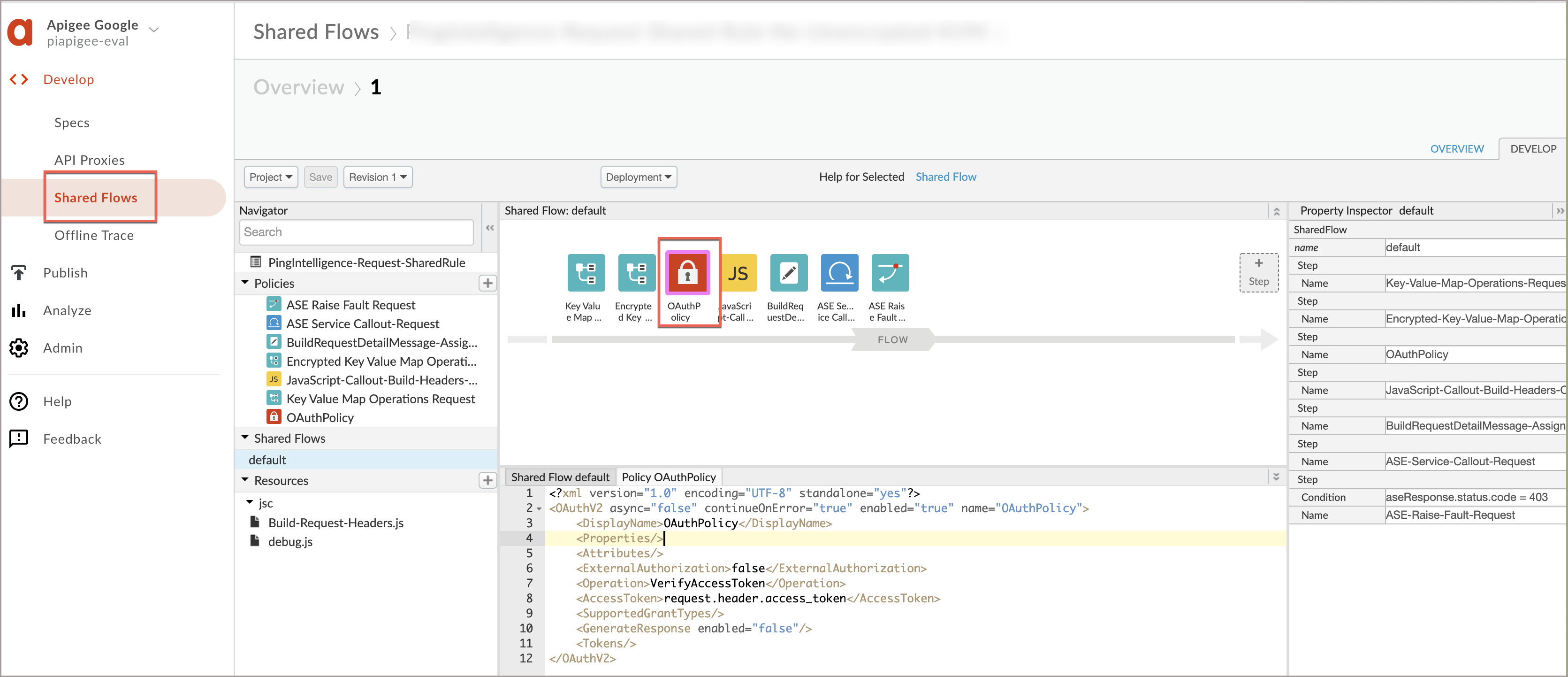 Screen capture of PingOne API Intelligence shared flow with OAuthPolicy