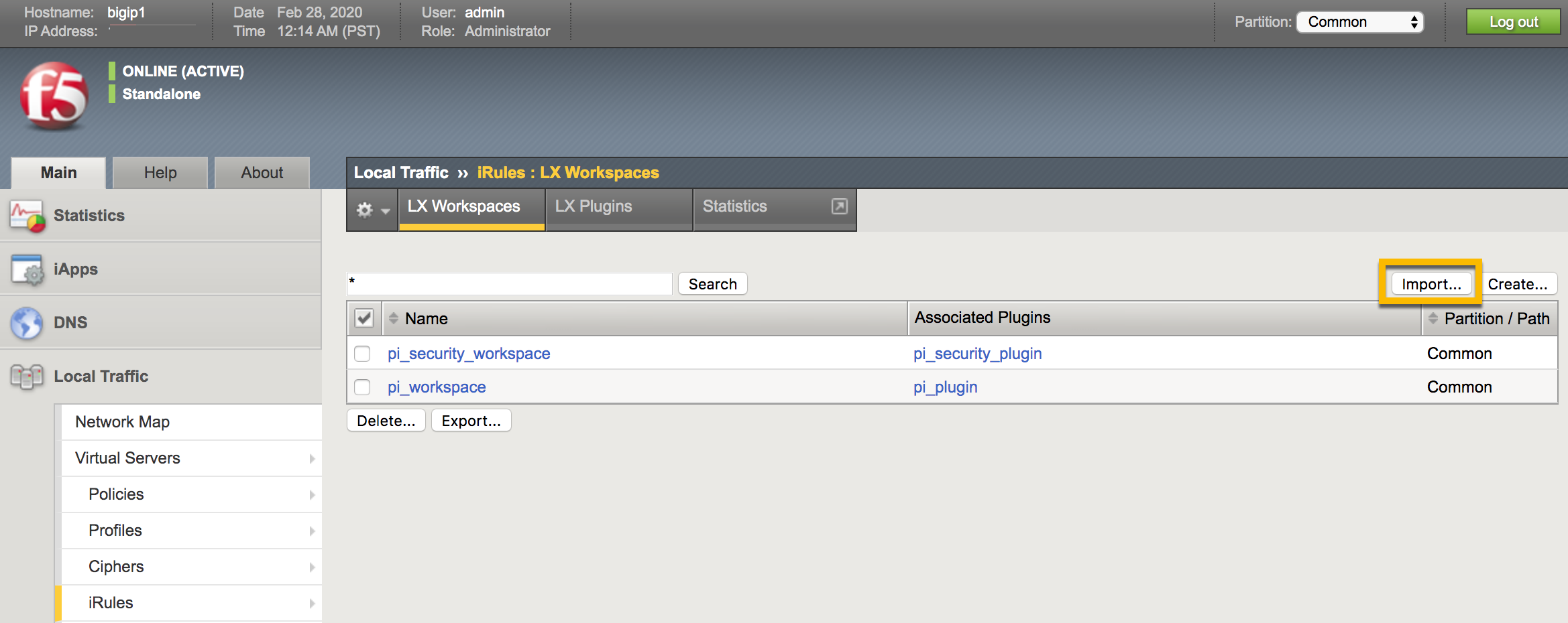 A screenshot of the LX Workspaces page with the Import button highlighted with a yellow square.