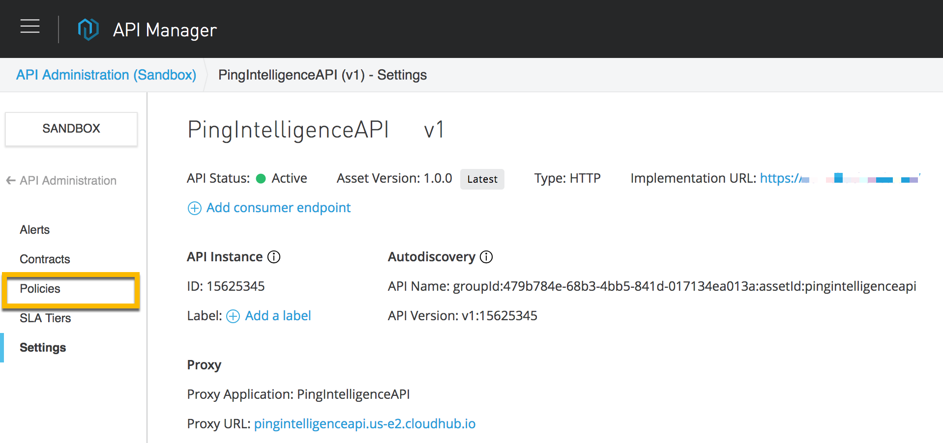 A screen capture of the PingIntelligenceAPI Settings page with a box around the Policies link in the left navigation.