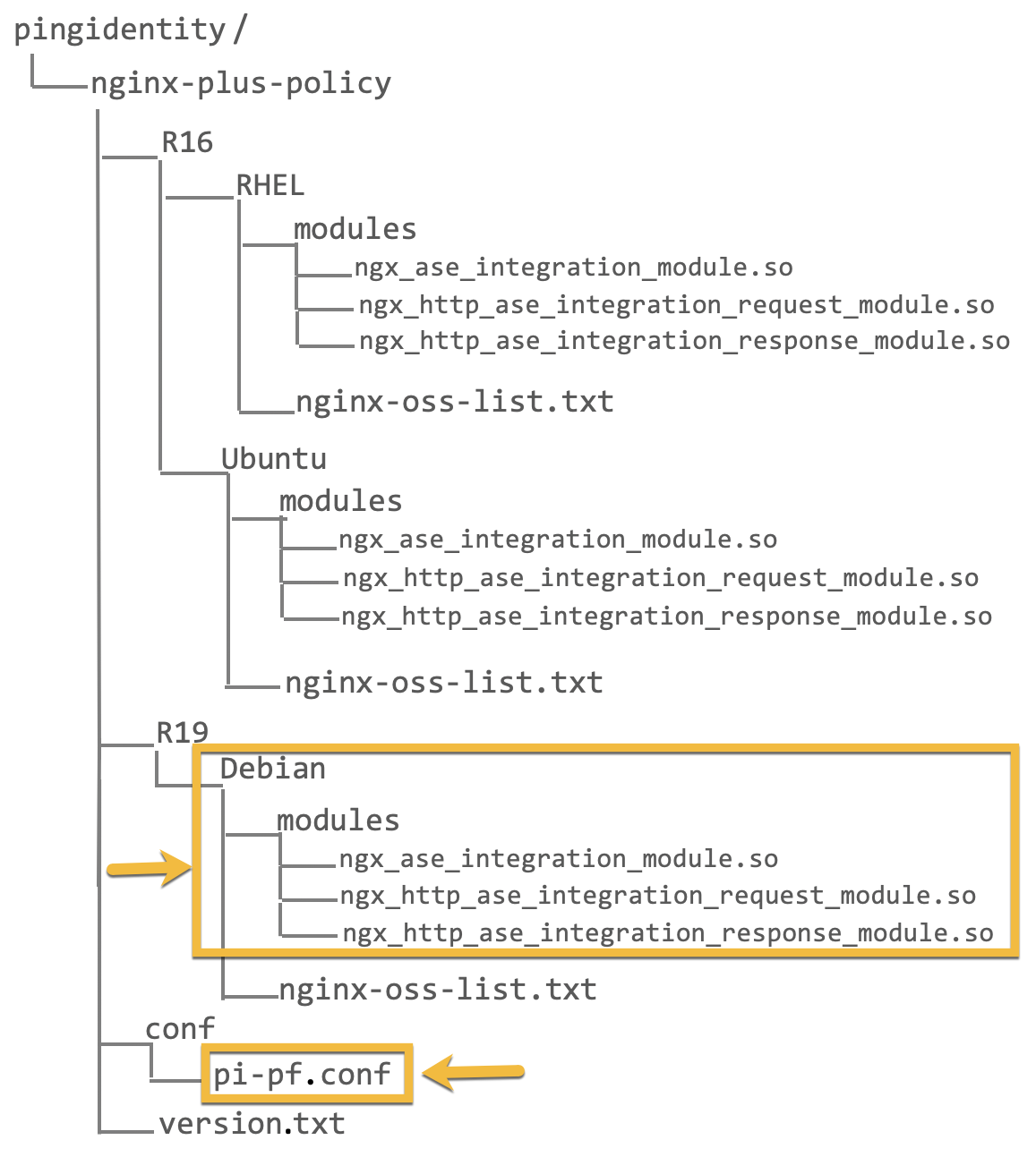 The directory structure with a box highlighting and arrow pointing to the Deibian modules and another box and arrow on the pi-pf.conf file.