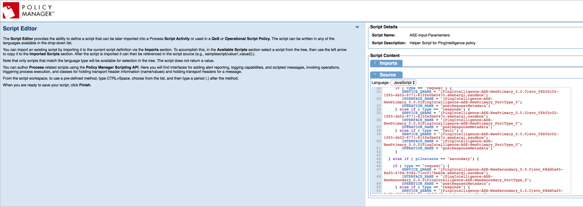 A screenshot of the Script Editor page in Akana Policy Manager.