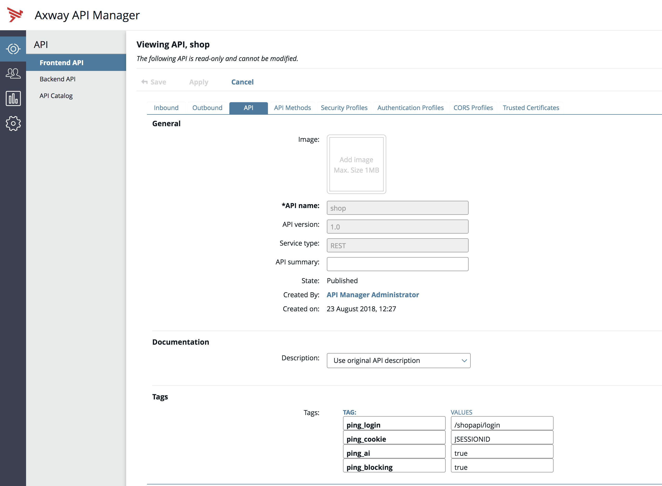 A screen capture of the API tab on the Viewing API page in Axway API Manager.