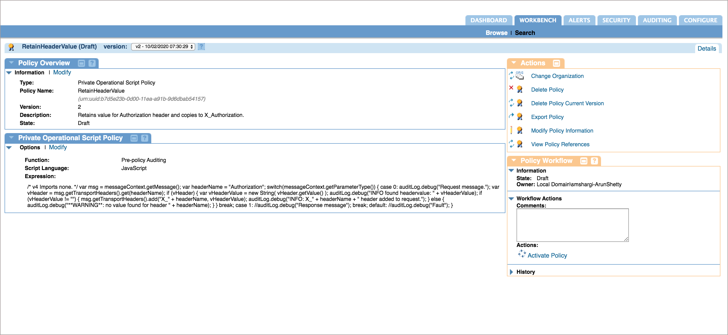 A screenshot of the Workbench tab in Akana Policy Manager.