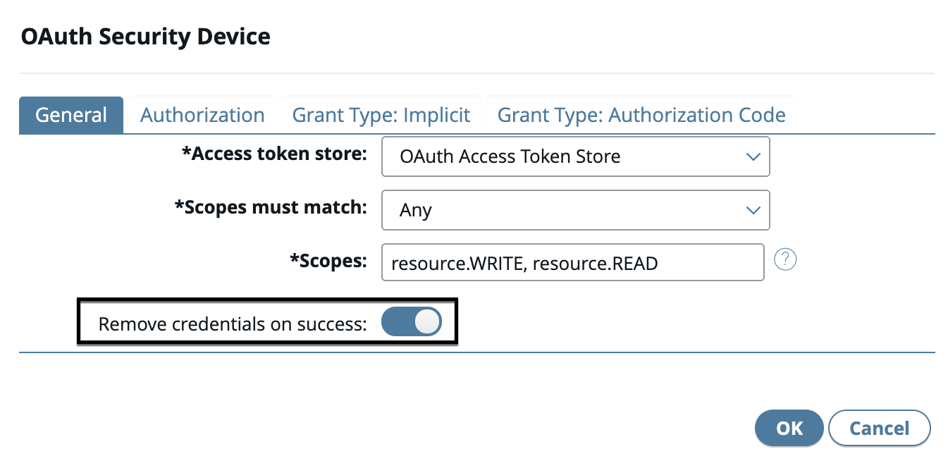 A screen capture of the OAuth Security Device page with a black box around the Remove credentials on success toggle.