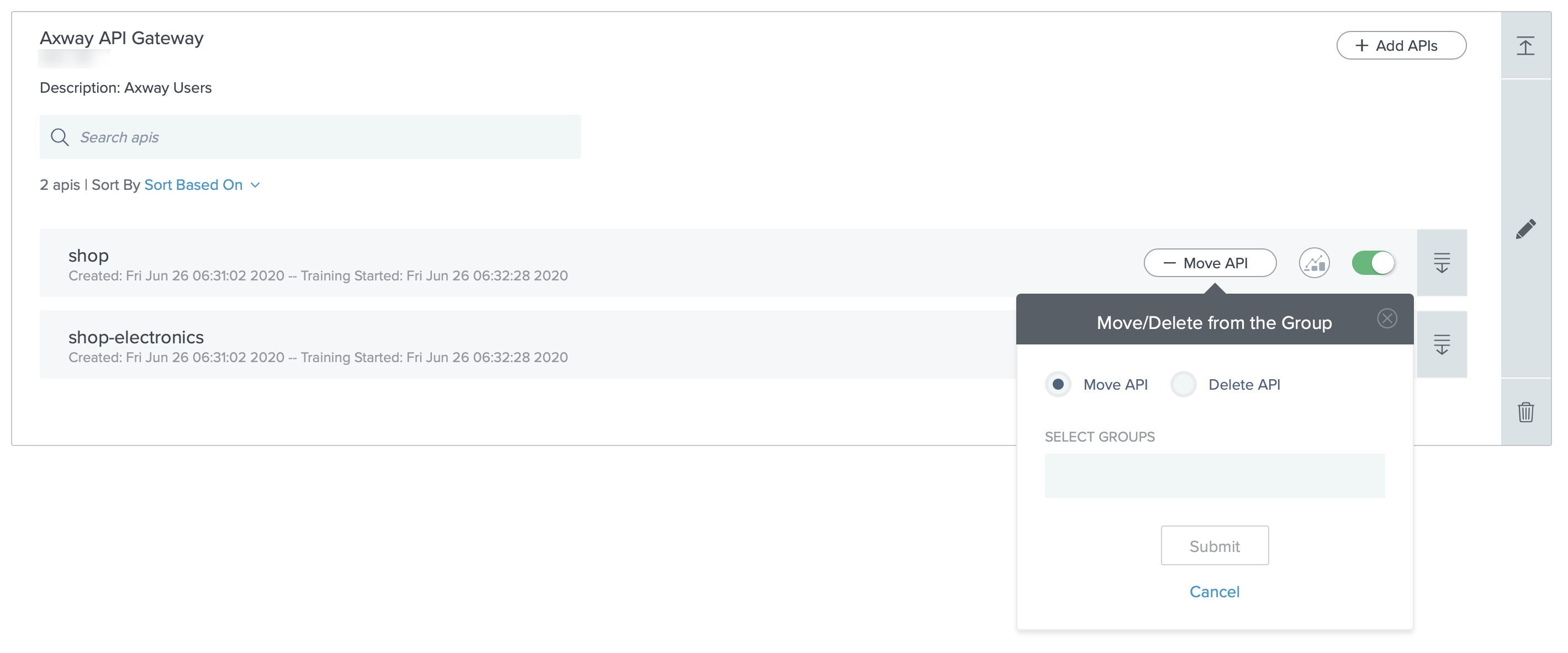 Screen capture of the PingIntelligence Move API to group page.