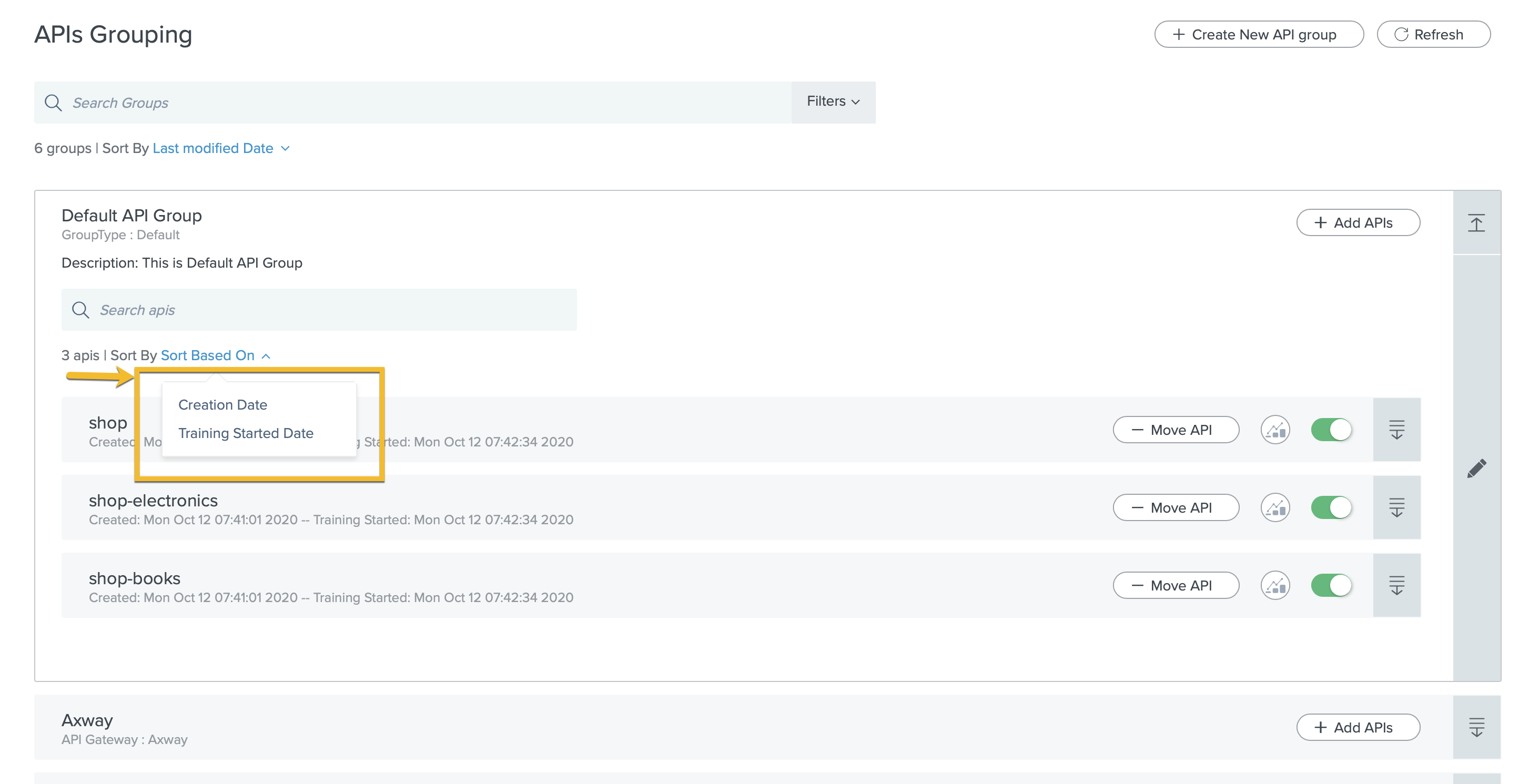 Screen capture of PingIntelligence API grouping - group based sorting showing.