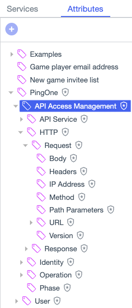 Screen capture of the Attributes tab in the PingOne Authorize Trust Framework showing API Access Management attributes nested under the PingOne parent attribute.