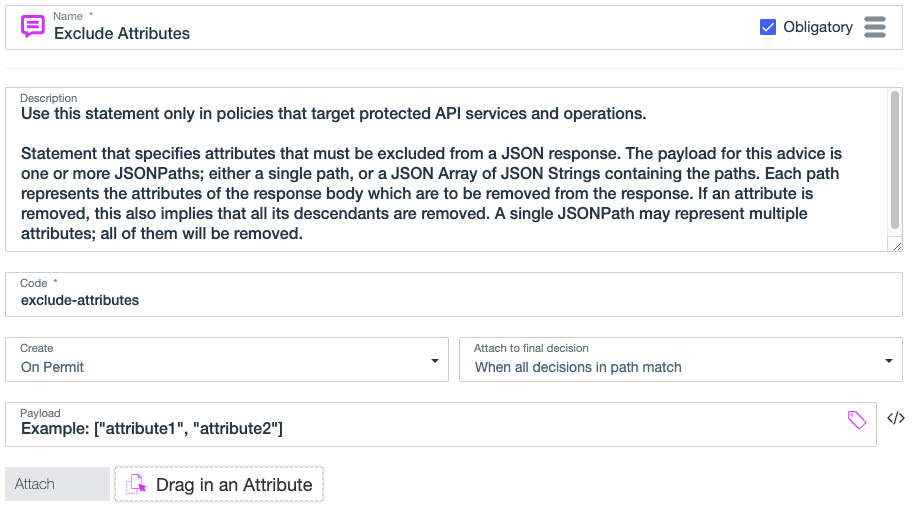 Screen capture showing the Exclude Attributes statement, including the statement name, description, code, payload, and the kinds of decisions the statement applies to.