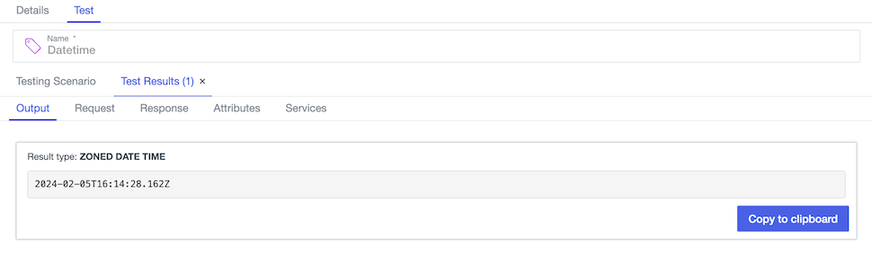 Screen capture of the Output tab displaying the result of the above Datetime test