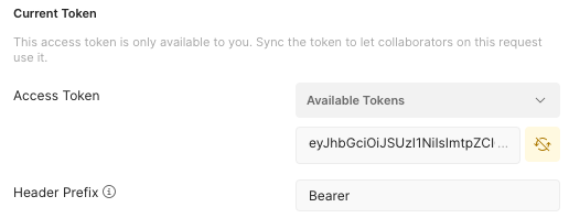 Screen capture of the Current Token in Postman showing access token settings.