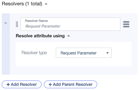 Screen capture showing the Resolver Name and Resolver Type fields, and the +Add Resolver and +Add Parent Resolver buttons.