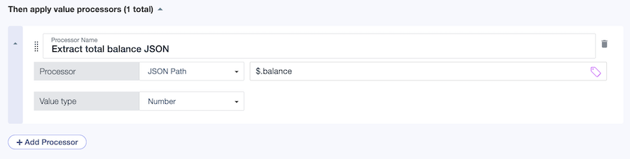 Screen capture of the Extract total balance JSON processor defined on the Account Details resolver, with a JSON Path processor and value type of Number