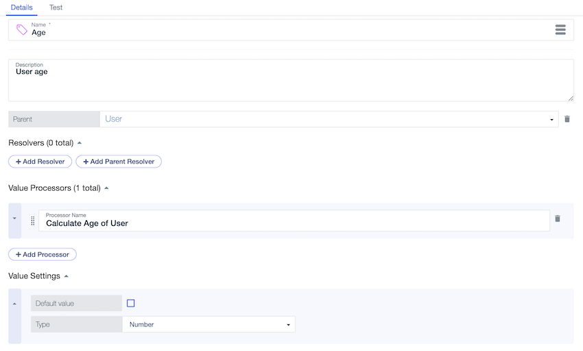 Screen capture of the Age attribute definition with a Calculate Age of User value processor and value type of Number