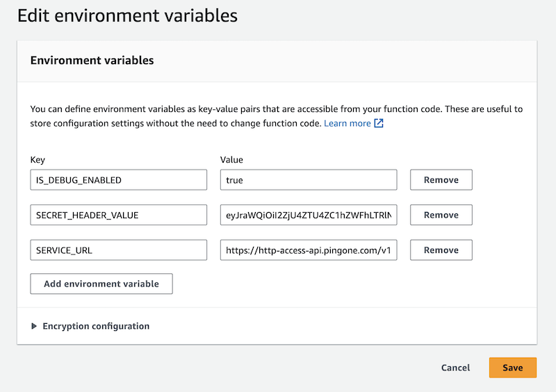 Screen capture of the 'Edit environment variables' page with the appropriate Lambda environment variables configured for connecting to PingOne Authorize.