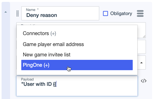 Screen capture showing two open curly brackets in the Payload field and the attribute selection menu.