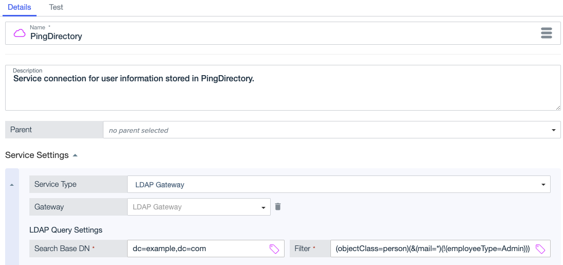 Screen capture showing service settings for the Gateway service type, including the Search Base DN and Filter fields.