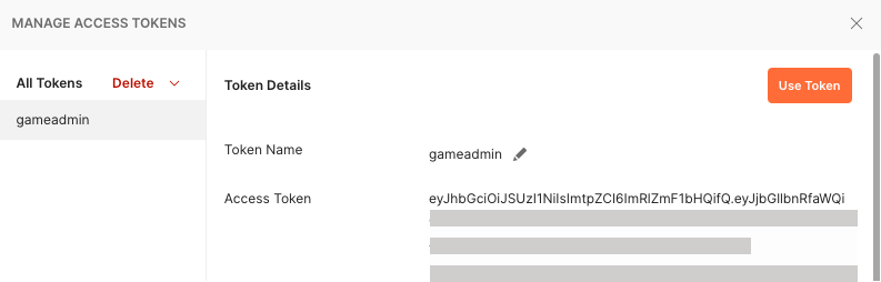 Screen capture of the Manage Access Tokens window in Postman showing the Token Name.