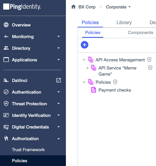 Screen capture showing the Policies and API Access Management root policy sets, the shield icon, and a policy nested under root policy set.