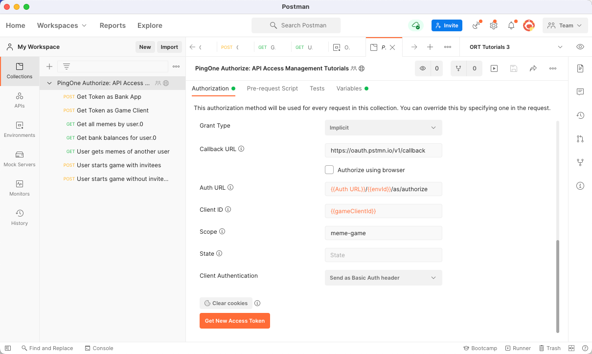 Screen capture of the PingOne Authorize: API Access Management Tutorials collection in Postman showing the Authorization tab.