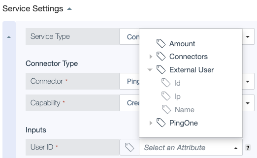 Screen capture showing External User attribute properties in the expanded Select an Attribute list.