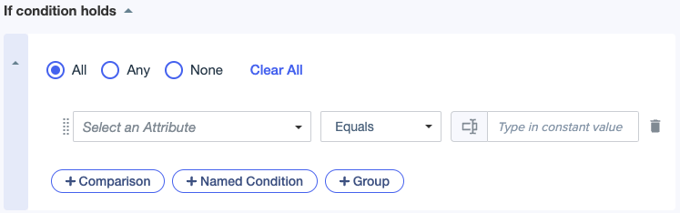 Screen capture showing the Select an Attribute list, the comparator list, and the constant or attribute field in a resolver condition.