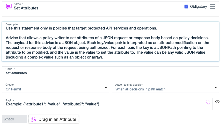 Screen capture showing the Set Attributes statement, including the statement name, description, code, payload, and the kinds of decisions the statement applies to.