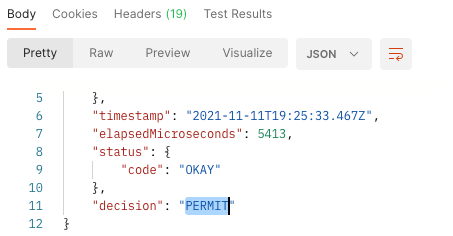 Screen capture of the make decision request response body in Postman showing the Permit decision.