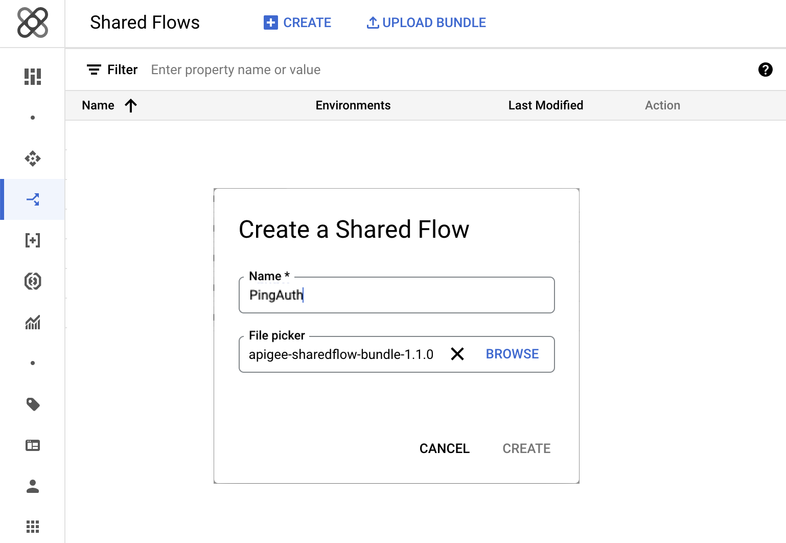 Screen capture of the Create a Shared Flow window in Apigee.