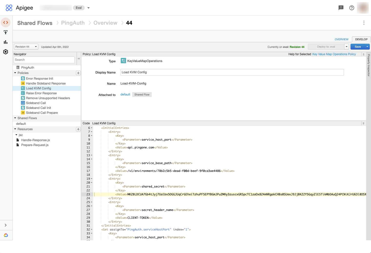 Screen capture of the PingAuth Shared Flow in Apigee X.