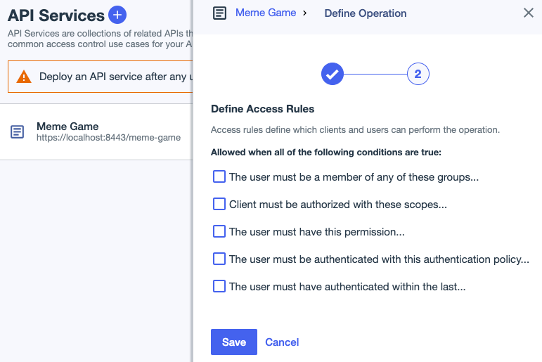 Screen capture of the Create Operation window showing Define Access Rules settings.