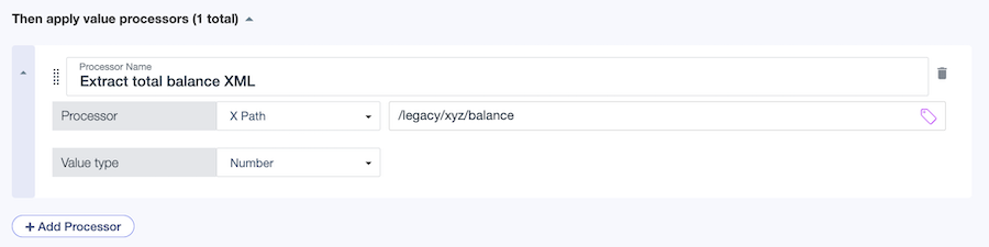 Screen capture of the Extract total balance XML processor defined on the Legacy Account Details resolver, with an X Path processor and value type of Number