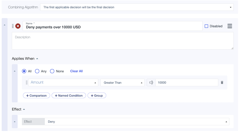 Screen capture of the Deny payments over 10000 USD rule showing the comparison to determine if the payment amount is over 10000.