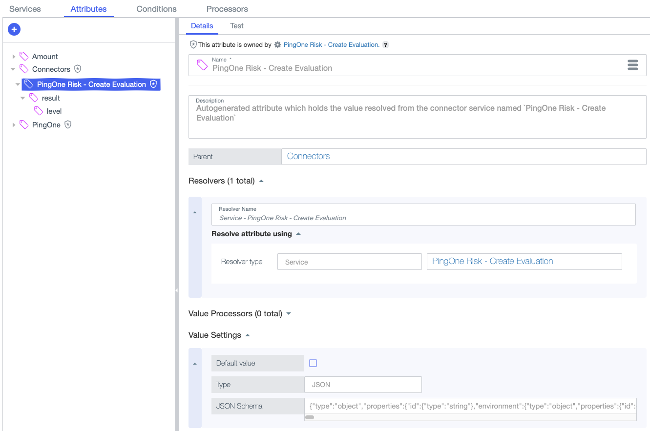 Screen capture showing an automatically generated attribute with a service resolver and JSON schema from the Risk service.