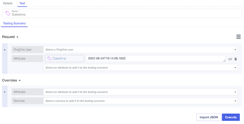 Screen capture of a Datetime attribute testing scenario with an ISO 8601-formatted representation of June 6, 2022 configured as input