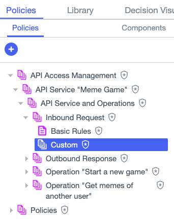 Screen capture showing the API Access Management policy tree expanded to the Custom policy set for Inbound Requests.