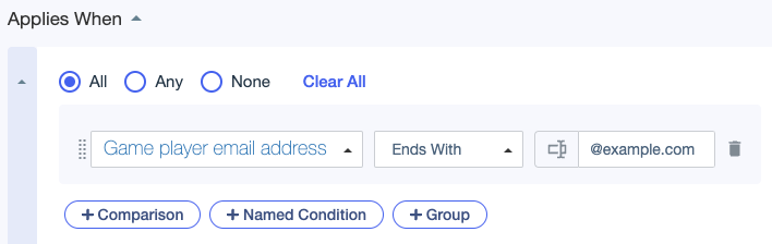 Screen capture showing a condition comparing a Game player email address attribute to a constant value of example.com using the Ends With comparator.