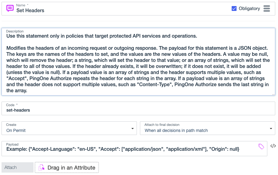 Screen capture showing the Set Headers statement, including the statement name, description, code, payload, and the kinds of decisions the statement applies to.