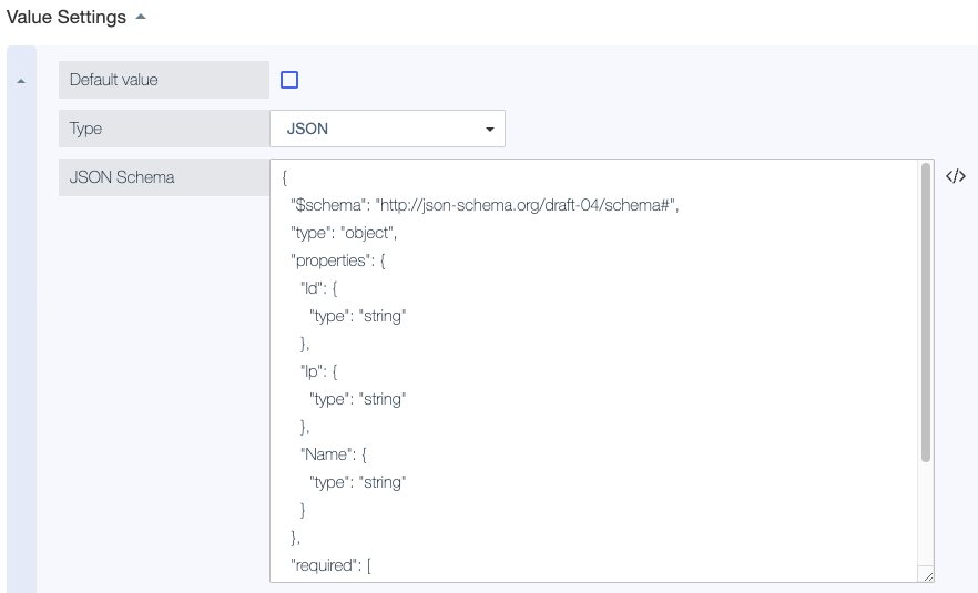 Screen capture showing the resulting JSON Schema in the attribute’s Value Settings section.