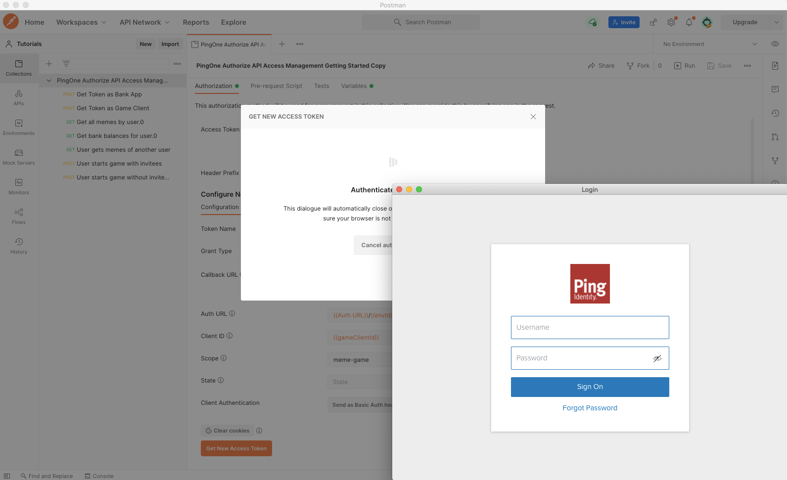 Screen capture of the Authenticate via Browser window in Postman showing the PingOne sign-on window.