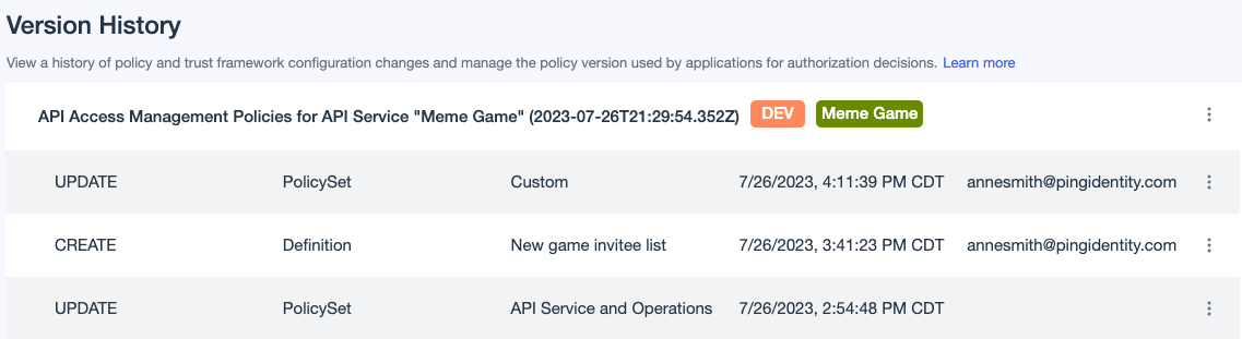 Screen capture showing the API Access Management Policies version for the Meme Game.