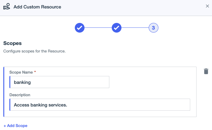 Screen capture of the Scopes step for a resource in PingOne showing the Scope Name and Description fields.