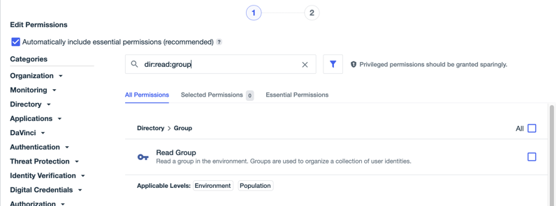 alt Screenshot of the dir:read:group permission identifier in the search field of the Edit Permissions page with the Read Group permission in the search results.