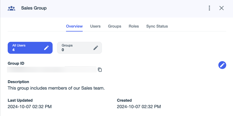 A screenshot of the Overview tab for an internal group.