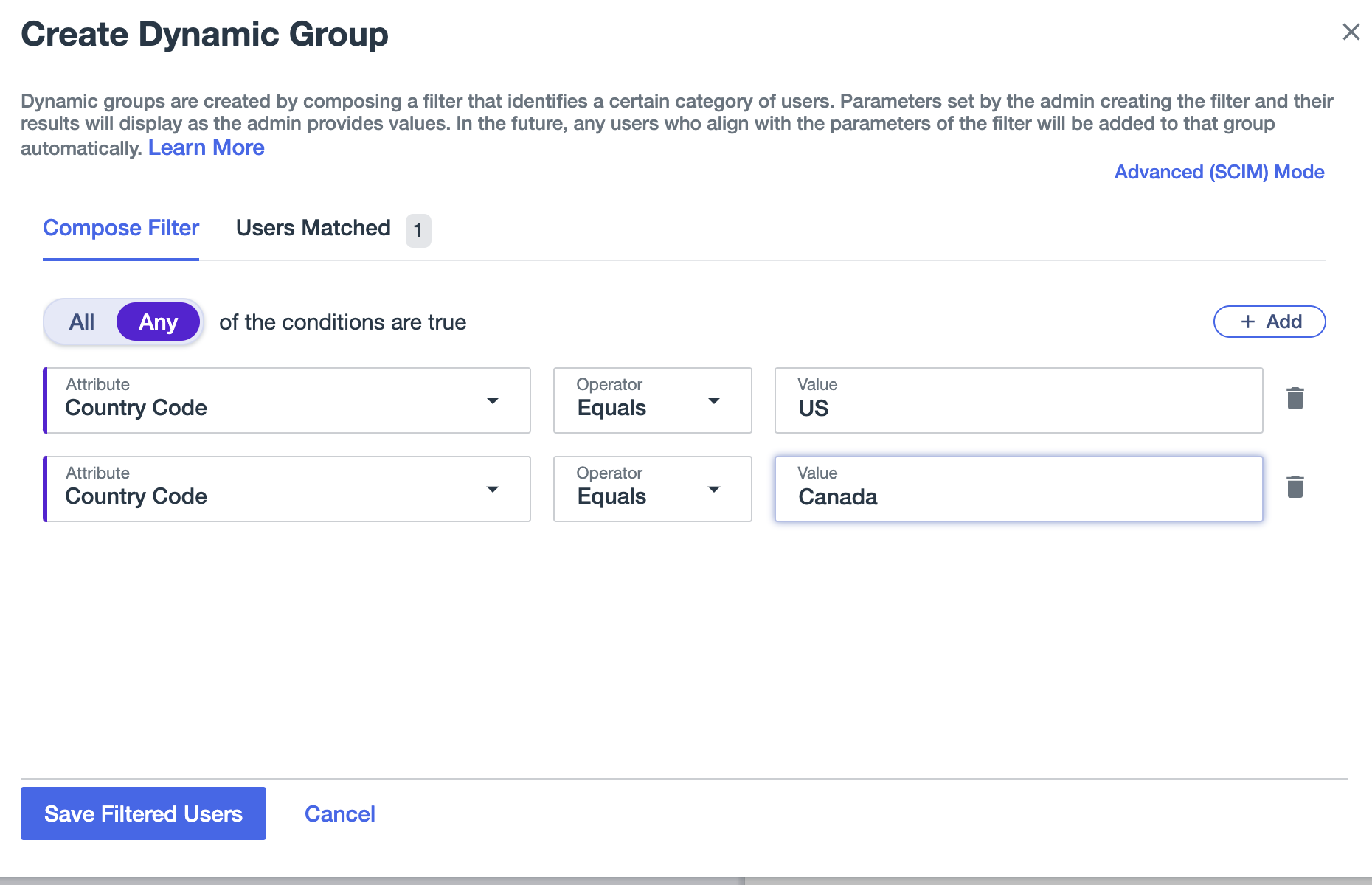 Screen capture of the Create Dynamic Group page showing a filter Any with the Attribute of Country Code.