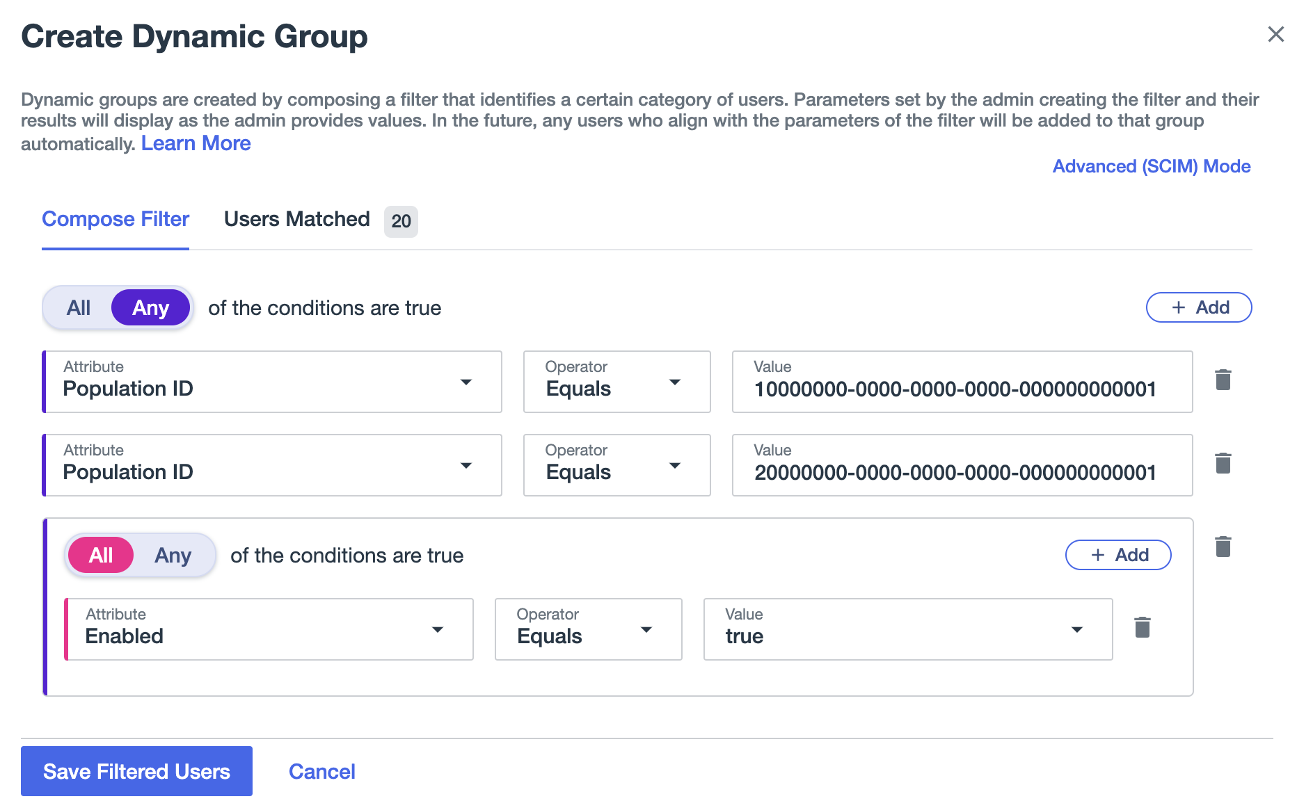 Screen capture of the Create Dynamic Group page showing a filter of Any and All with the Attributes Population ID and Enabled.