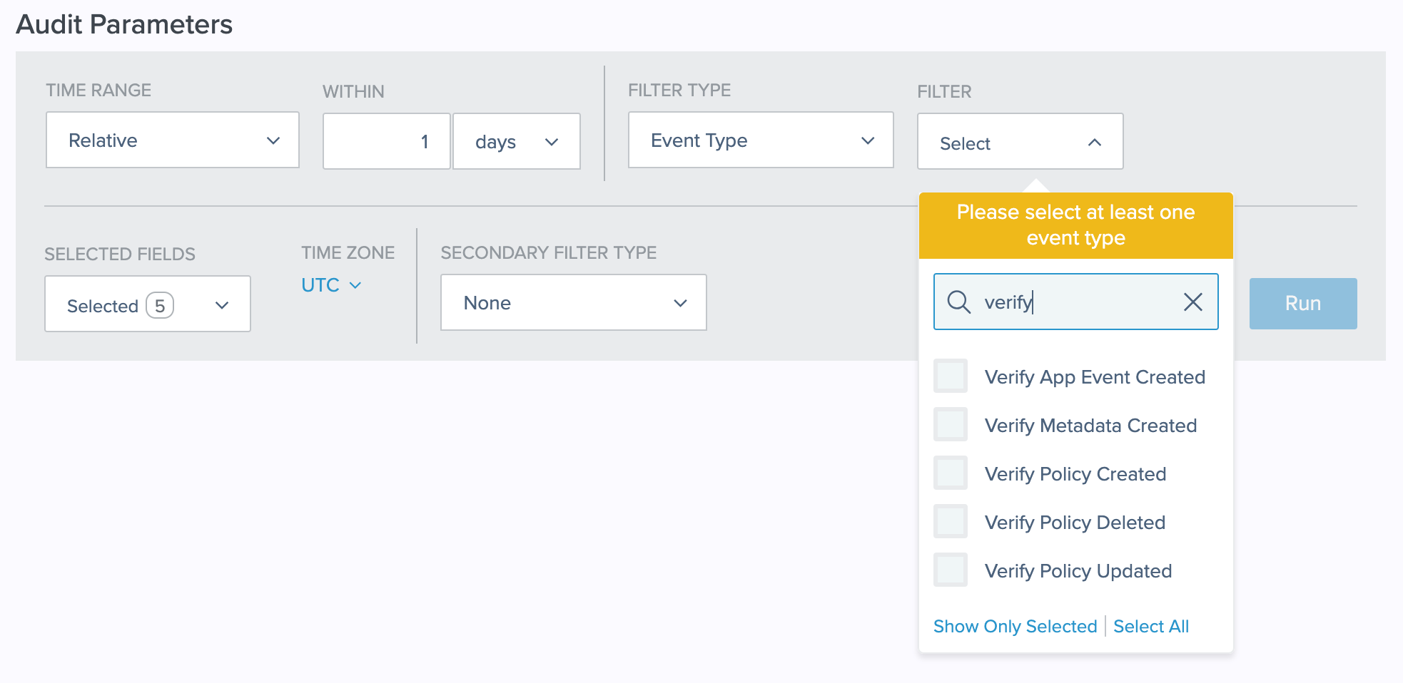 A screen capture of the PingOne Audit page with 'verify' entered in the Filter field.