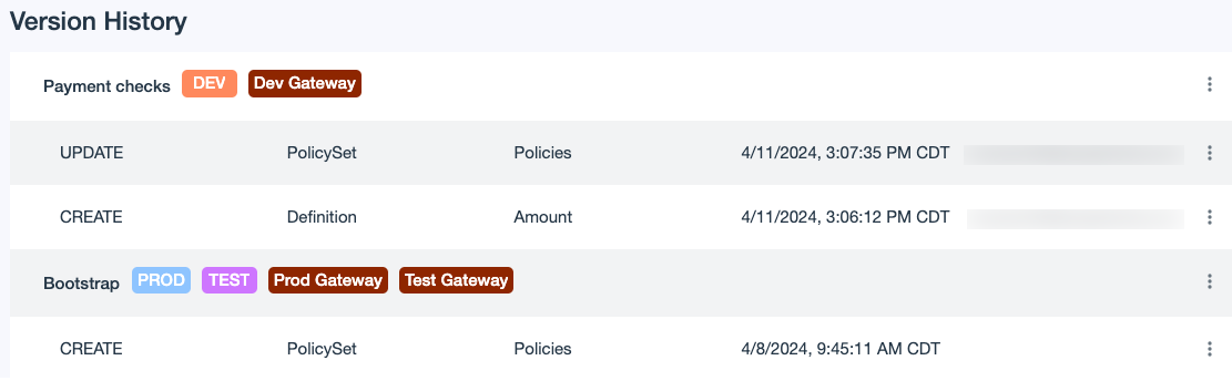 A screen capture of the Version History page with the gateway showing as published to the Dev Gateway and Dev decision endpoint.