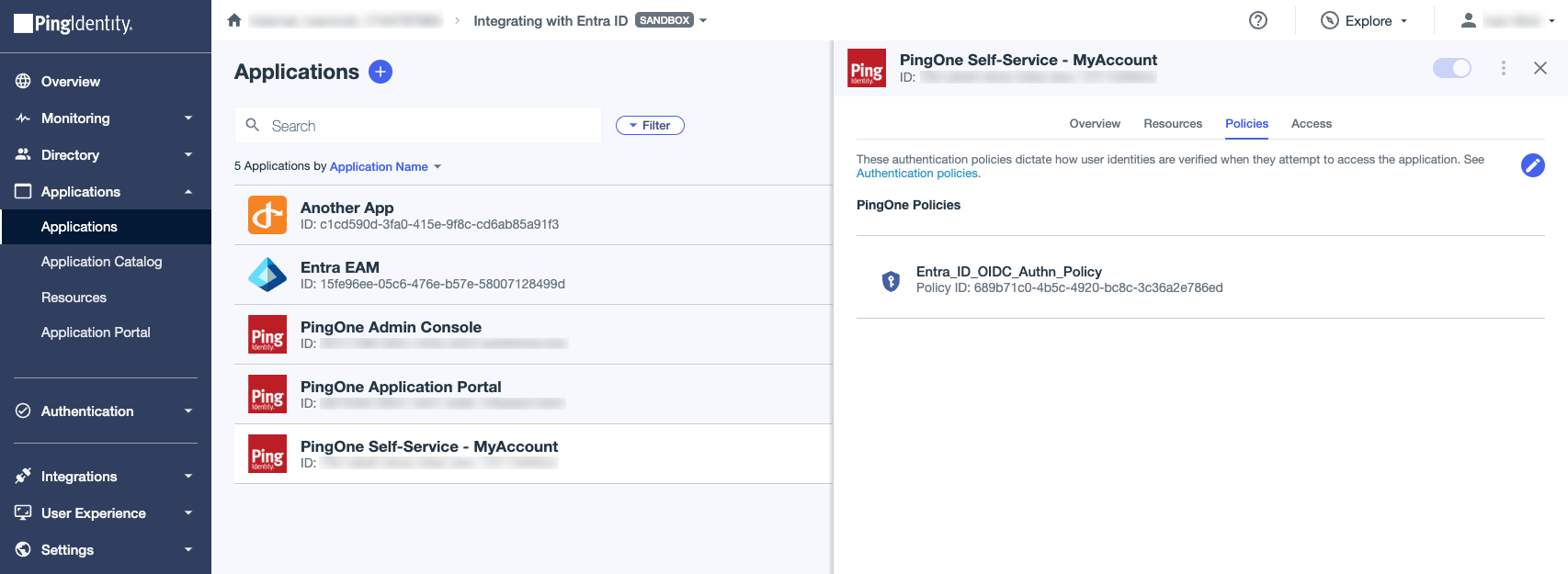 A screen capture of the PingOne Applications page with the PingOne Self-Service - MyAccount app selected and the Policies tab showing an added policy named Entra_ID_OIDC_Auth_Policy.